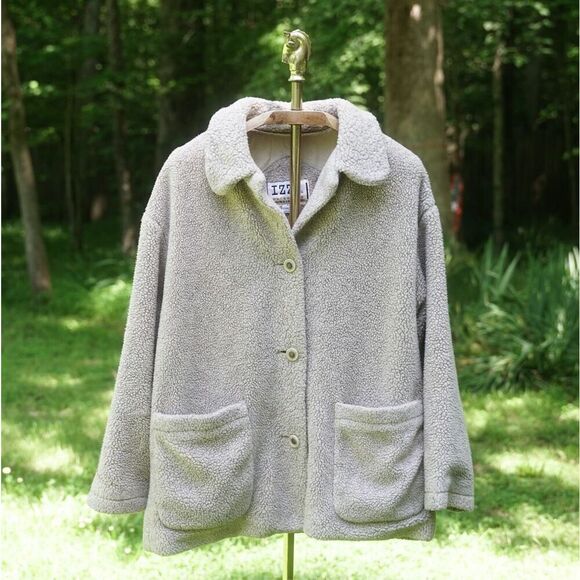 Vintage 90s IZZI Outerwear Beige Fleece Button Front Jacket - Picture 1 of 8